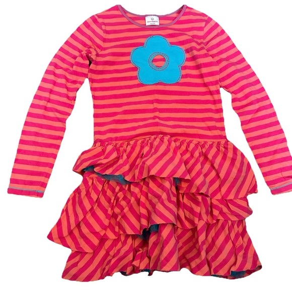 Girls Hanna Andersson Long Sleeved Striped Ruffle Pink And Orange Dress Size 160 - Picture 1 of 4